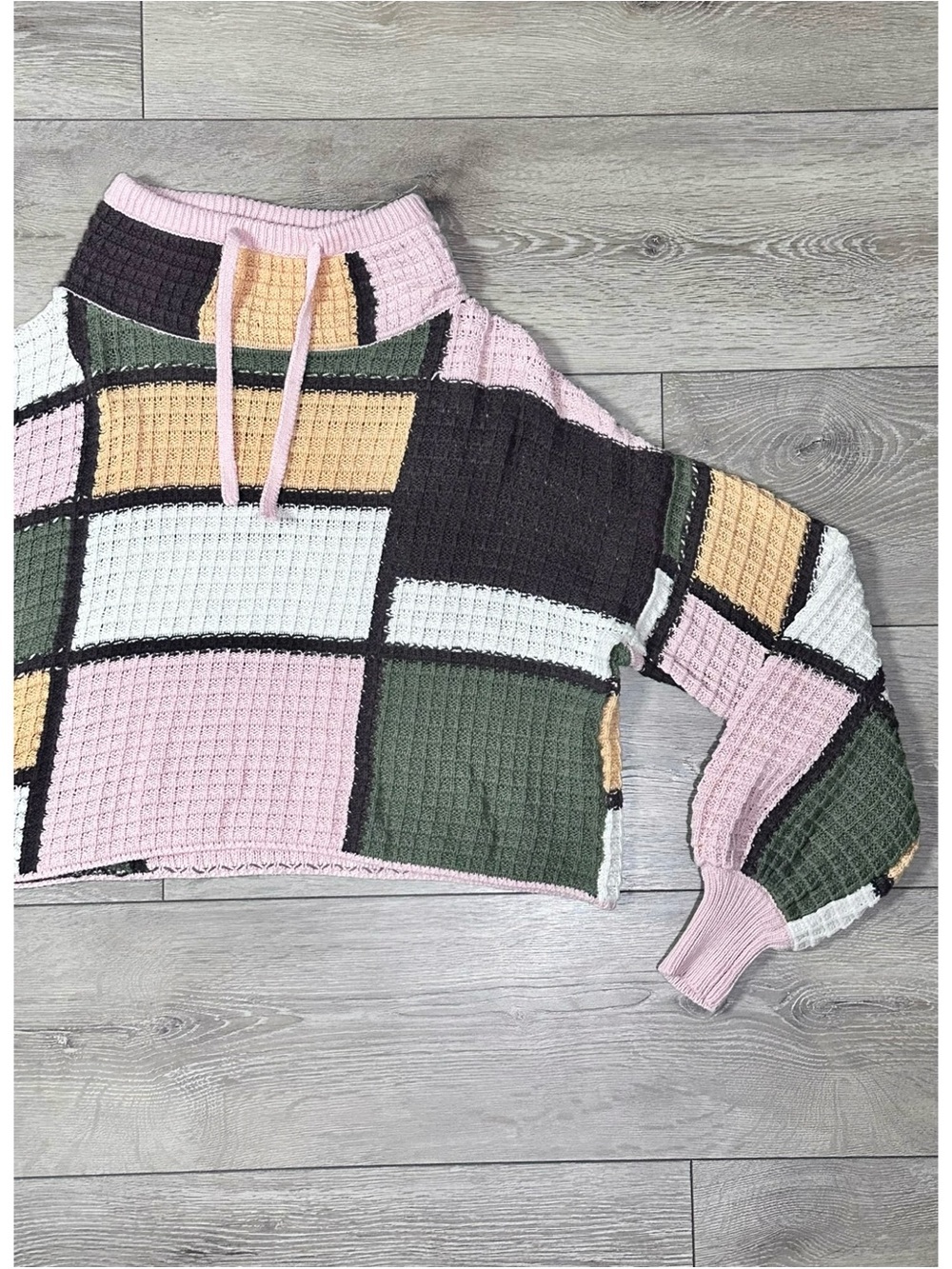 Gilded Intent Buckle Funnel Neck Cropped Checkered Patchwork Sweater - Picture 4 of 15
